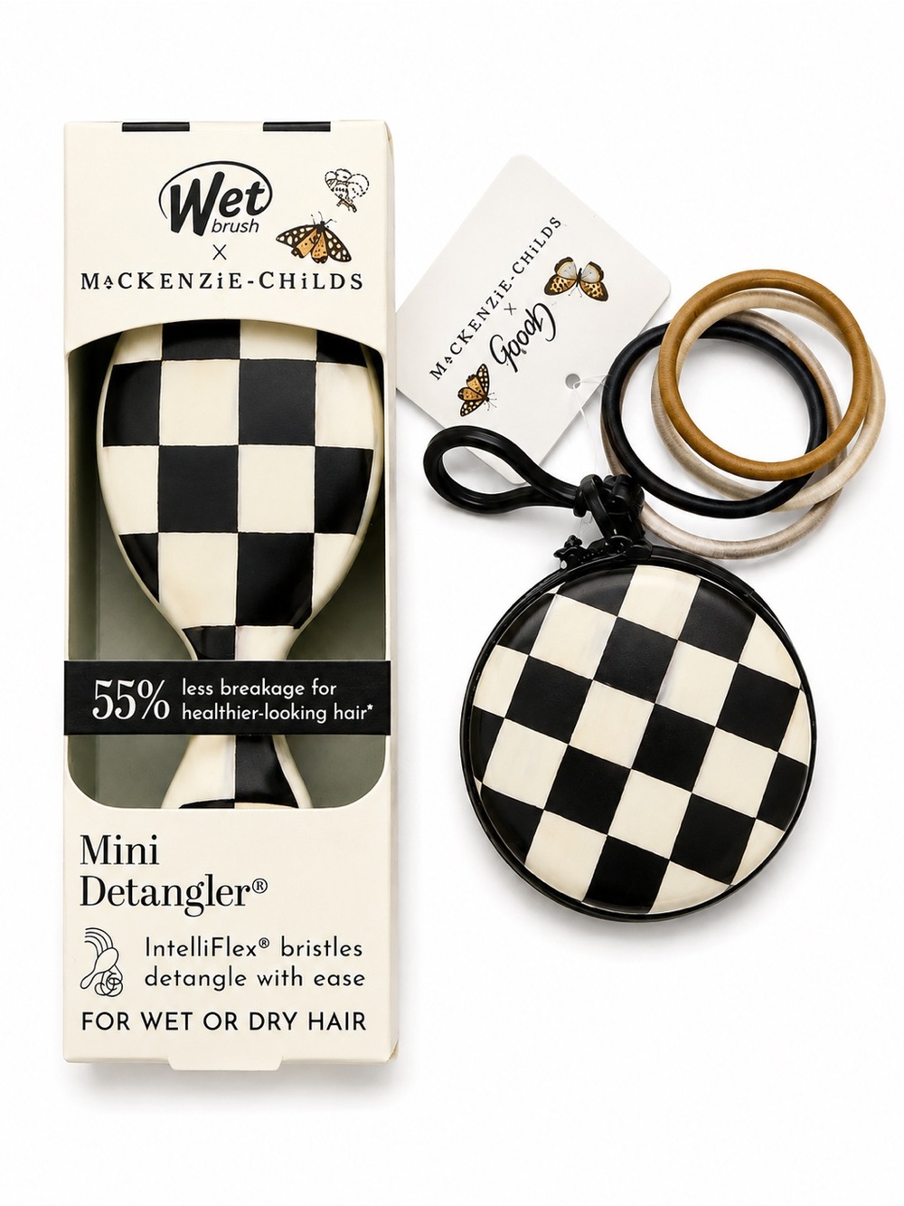 Wet Brush x MacKenzie-Childs Mini Detangler & Goody Hair Tie Set – Black Check